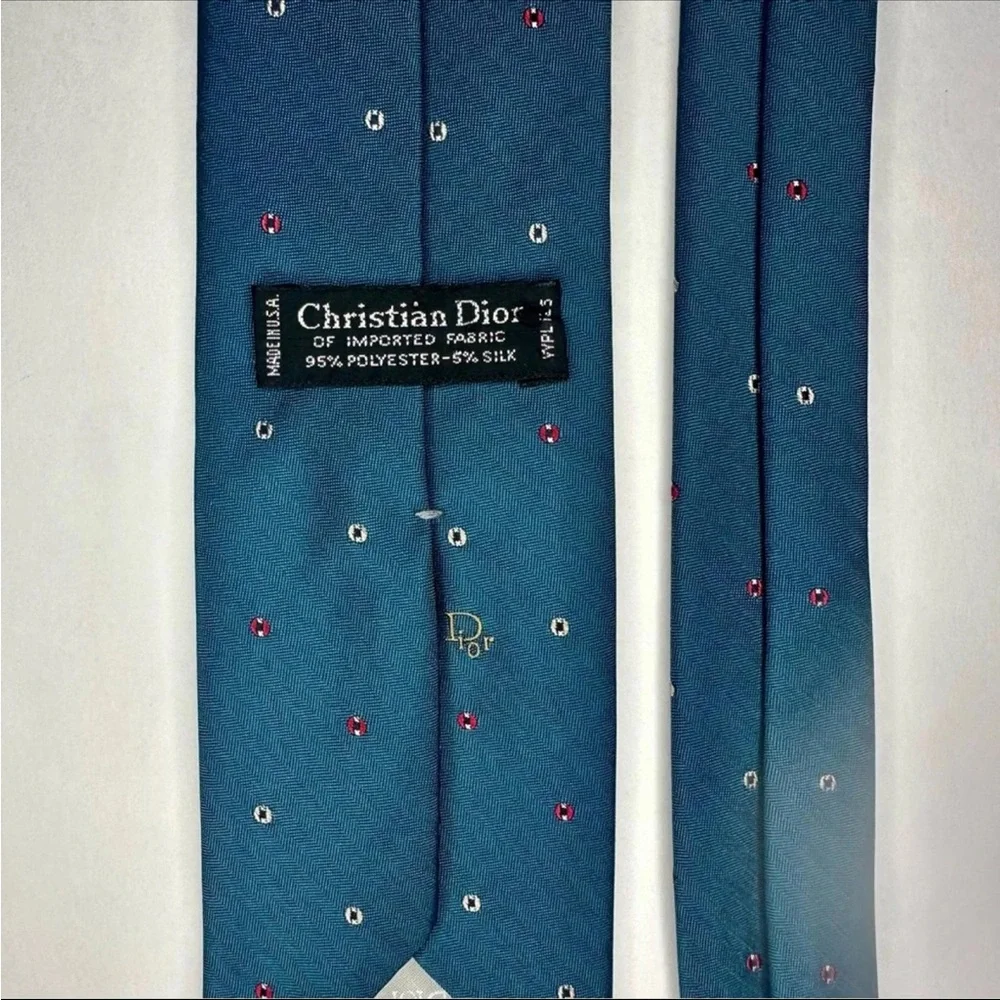 Vintage DIOR Embroidered Signature Polka Dotted Teal Classic Tie